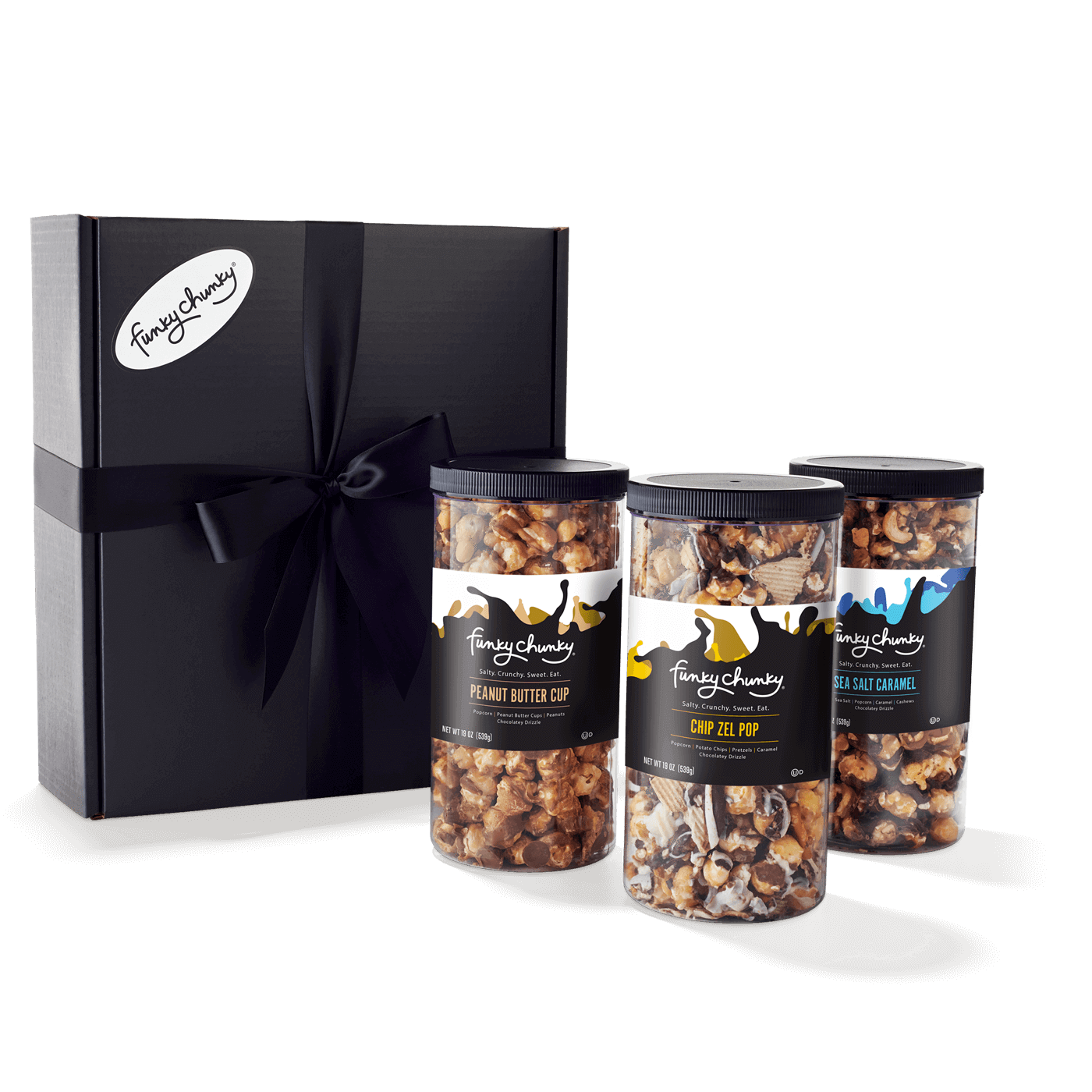 Triple Flavor Gift Pack-Three delicious flavors, three times the indulgence. Create a lasting impression with friends, family and clients alike. Artisan crafted, all flavors are made with our signature popcorn, natural and premium ingredients - real butter, sugar and vanilla. Select your favorite combination below and sit back and enjoy the BIG