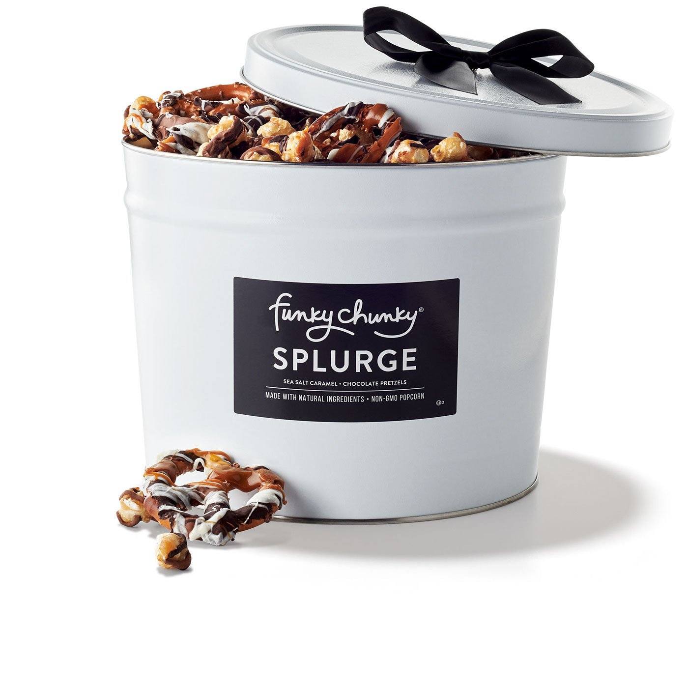Splurge (4lb.)-Two of our most popular flavors, Sea Salt Caramel Popcorn and Chocolate Pretzels filled to the brim in a sophisticated deluxe gift tin‚Äîthere‚Äôs plenty to go around for all with this ‚Äúsplurge‚Äù of a gift.-Funky Chunky
