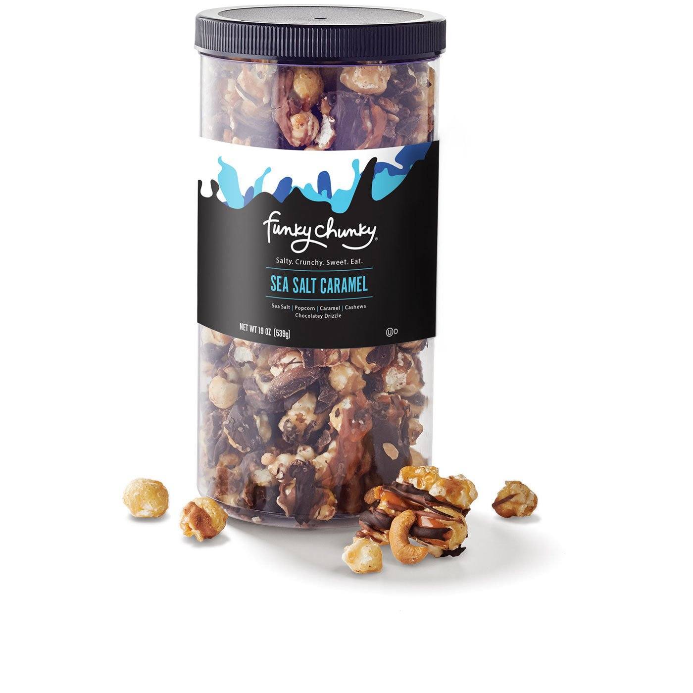 Tall Canisters (19oz.)-This tall, re-sealable canister of popcorn and pretzel mixes are our most popular size and makes a great office party favor, hostess or business gift. Each canister contains nineteen gourmet popcorn confection servings.-Funky Chunky