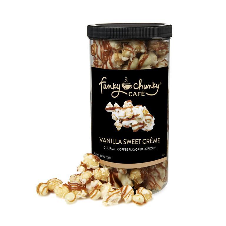 Vanilla Sweet Cr√®me Tall Canister (19oz.)-td {border: 1px solid #ccc;}br {mso-data-placement:same-cell;} Upgrade your sweet tooth. We start with our decadent, buttery caramel popcorn and then drizzle vanilla sweet cr√®me white chocolatey goodness, chewy caramel, and a sprinkle of white chocolate covered espresso beans.-Funky Chunky